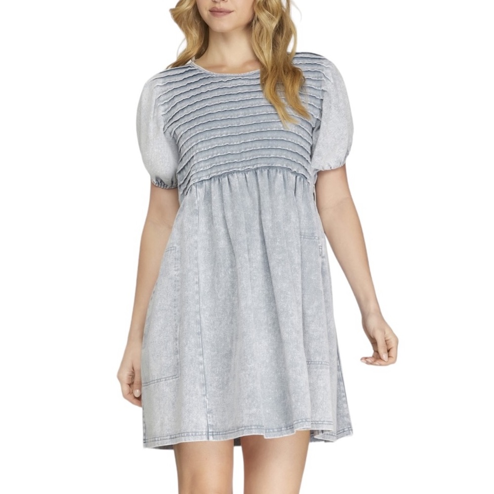 223. Women's Washed Blue Denim Pintucked Detail Dress NWT